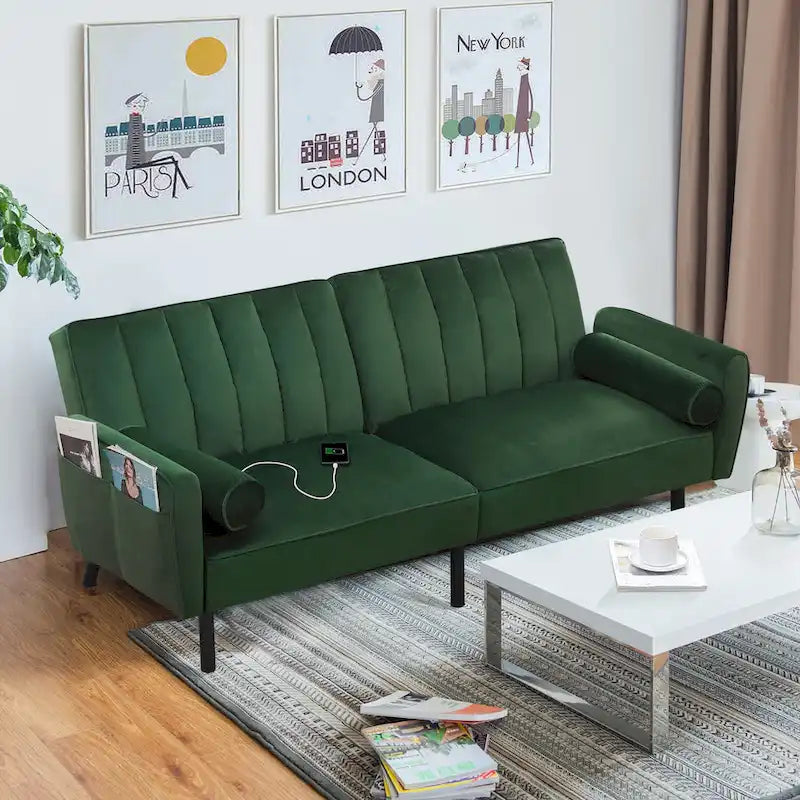 Velvet Futon Sofa Bed Convertible Sofa Couch with Adjustable Backrest, Daybed Guest Bed for Living Room - 2-Person-8