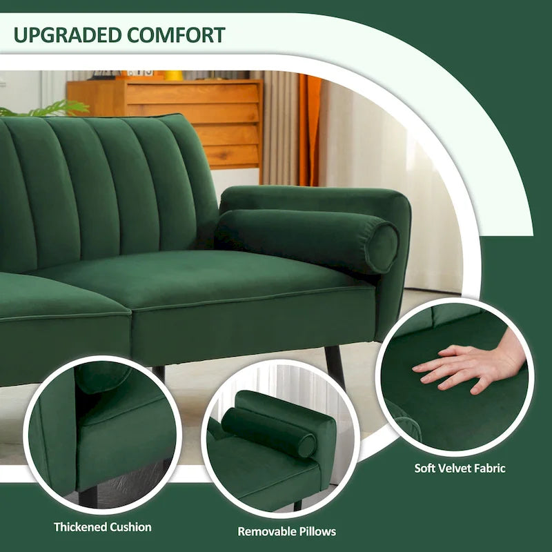 Velvet Futon Sofa Bed Convertible Sofa Couch with Adjustable Backrest, Daybed Guest Bed for Living Room - 2-Person-11