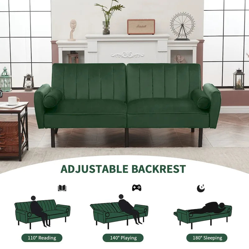 Velvet Futon Sofa Bed Convertible Sofa Couch with Adjustable Backrest, Daybed Guest Bed for Living Room - 2-Person-12