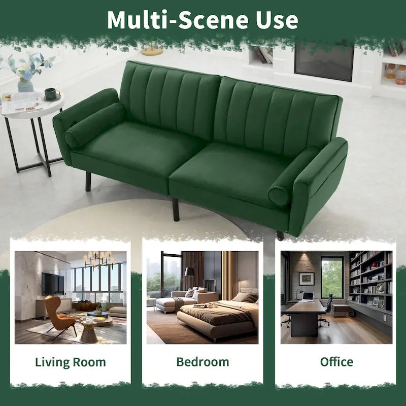 Velvet Futon Sofa Bed Convertible Sofa Couch with Adjustable Backrest, Daybed Guest Bed for Living Room - 2-Person-13