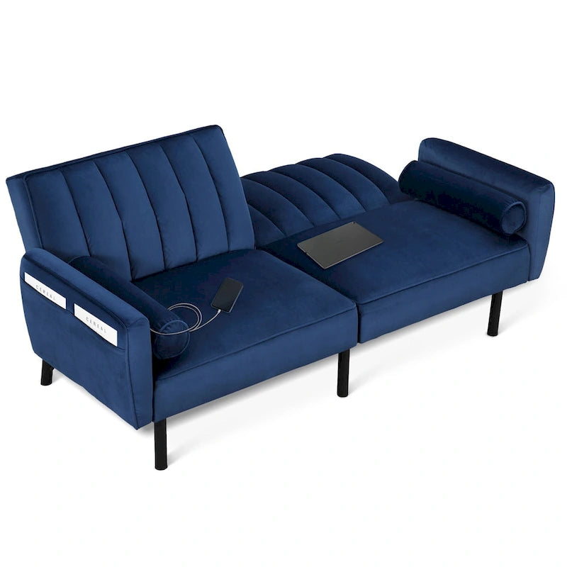 Velvet Futon Sofa Bed Convertible Sofa Couch with Adjustable Backrest, Daybed Guest Bed for Living Room - 2-Person-14