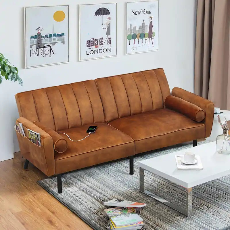 Velvet Futon Sofa Bed Convertible Sofa Couch with Adjustable Backrest, Daybed Guest Bed for Living Room - 2-Person-22