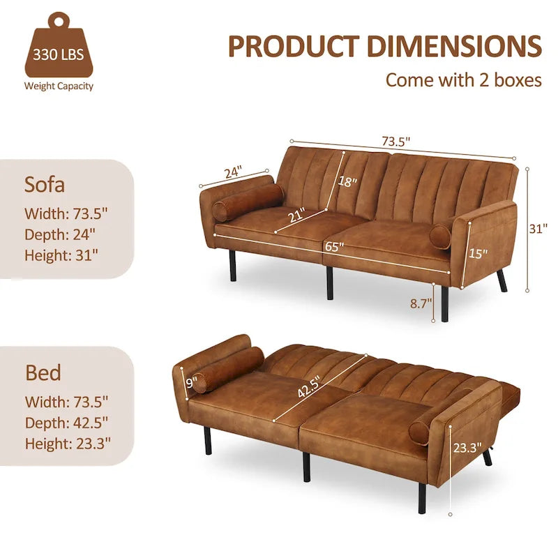 Velvet Futon Sofa Bed Convertible Sofa Couch with Adjustable Backrest, Daybed Guest Bed for Living Room - 2-Person-23