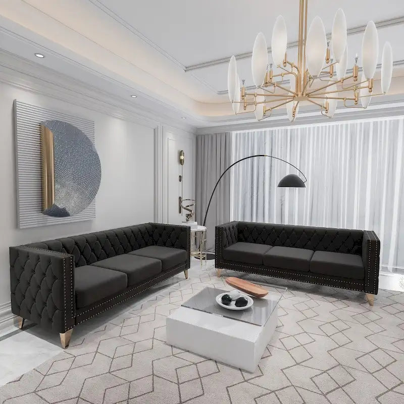 2-Pieces Velvet Upholstered 3 Seat Sofa, Classic Chesterfield Couch Buttons Tufted Square Arm Sofa with Nailheads and Metal Legs-29