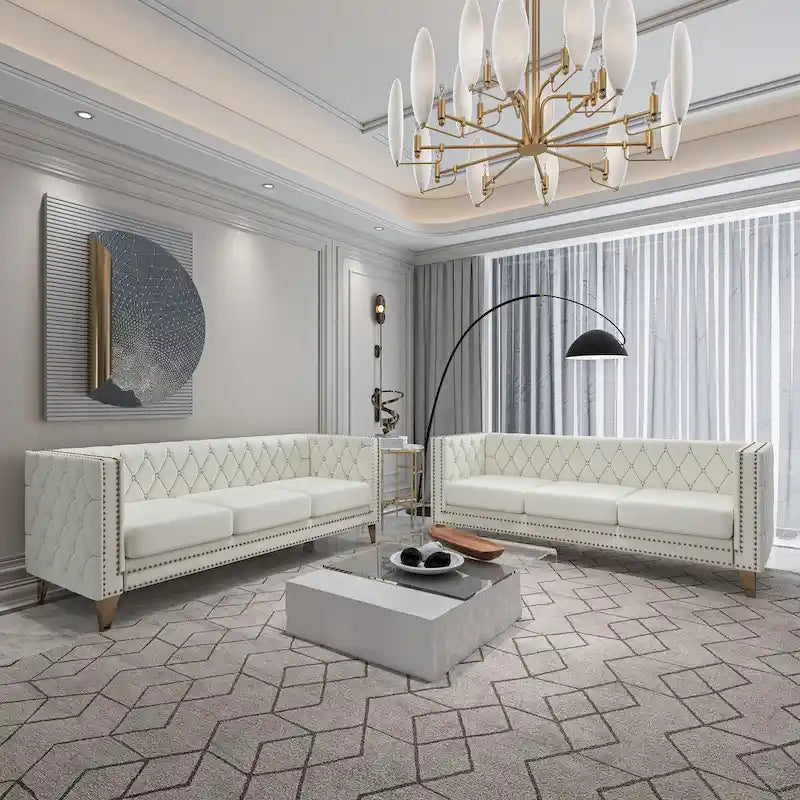 2-Pieces Velvet Upholstered 3 Seat Sofa, Classic Chesterfield Couch Buttons Tufted Square Arm Sofa with Nailheads and Metal Legs-31