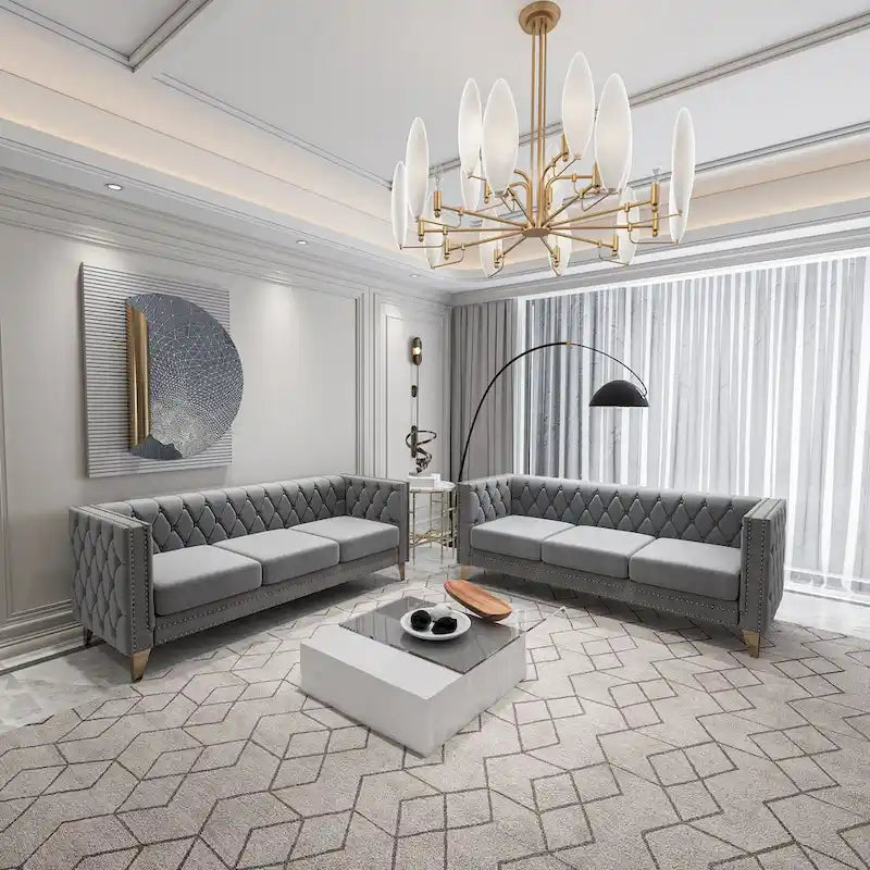 2-Pieces Velvet Upholstered 3 Seat Sofa, Classic Chesterfield Couch Buttons Tufted Square Arm Sofa with Nailheads and Metal Legs-3