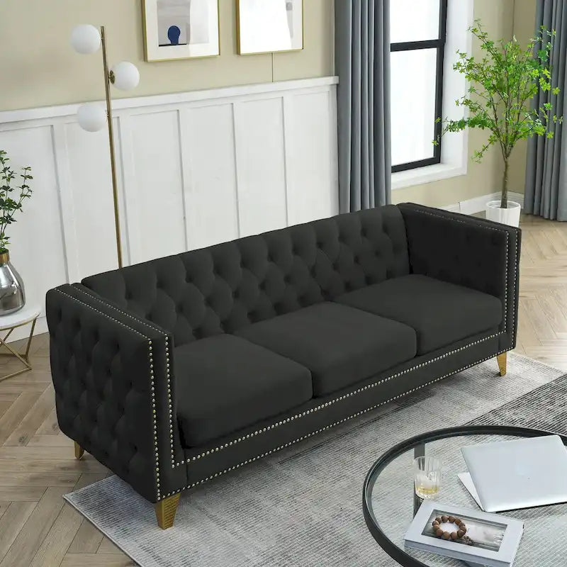 2-Pieces Velvet Upholstered 3 Seat Sofa, Classic Chesterfield Couch Buttons Tufted Square Arm Sofa with Nailheads and Metal Legs-5