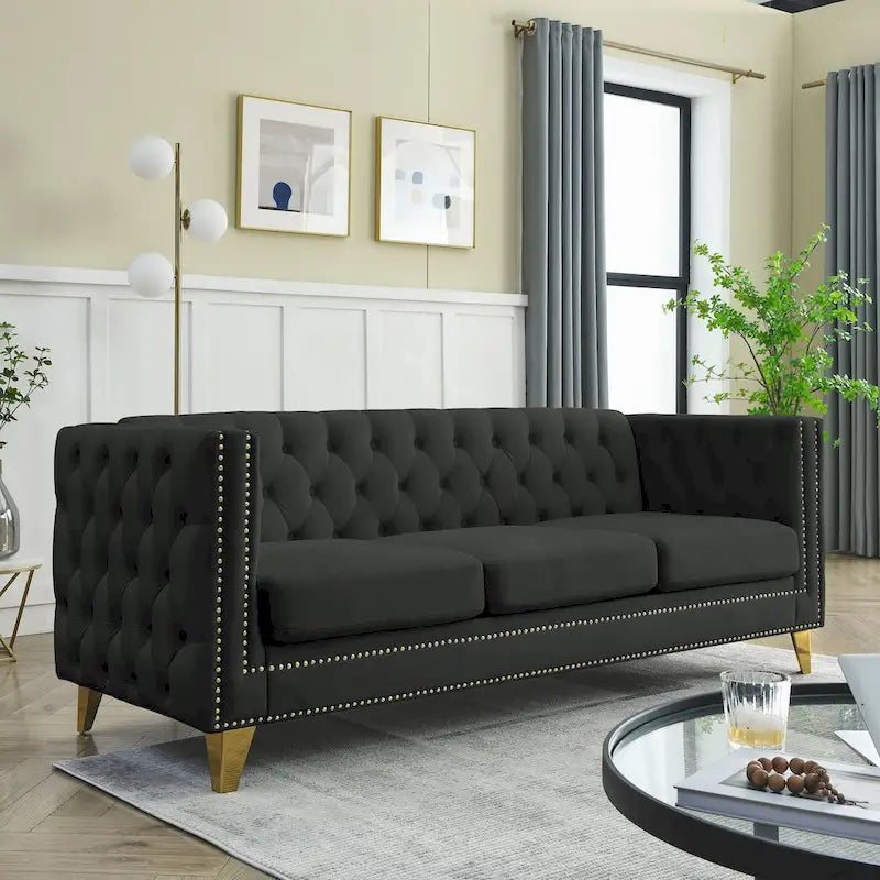 2-Pieces Velvet Upholstered 3 Seat Sofa, Classic Chesterfield Couch Buttons Tufted Square Arm Sofa with Nailheads and Metal Legs-6