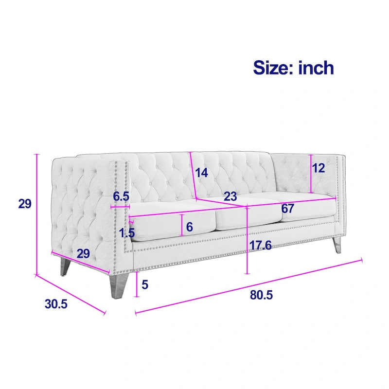2-Pieces Velvet Upholstered 3 Seat Sofa, Classic Chesterfield Couch Buttons Tufted Square Arm Sofa with Nailheads and Metal Legs-12