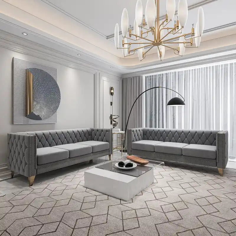 2-Pieces Velvet Upholstered 3 Seat Sofa, Classic Chesterfield Couch Buttons Tufted Square Arm Sofa with Nailheads and Metal Legs-13