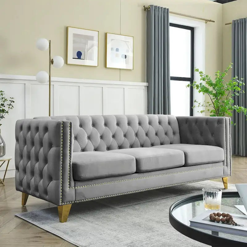 2-Pieces Velvet Upholstered 3 Seat Sofa, Classic Chesterfield Couch Buttons Tufted Square Arm Sofa with Nailheads and Metal Legs-14