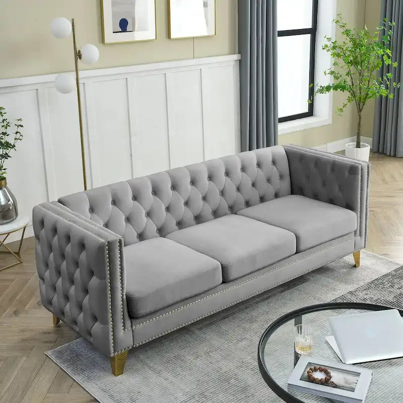2-Pieces Velvet Upholstered 3 Seat Sofa, Classic Chesterfield Couch Buttons Tufted Square Arm Sofa with Nailheads and Metal Legs-15