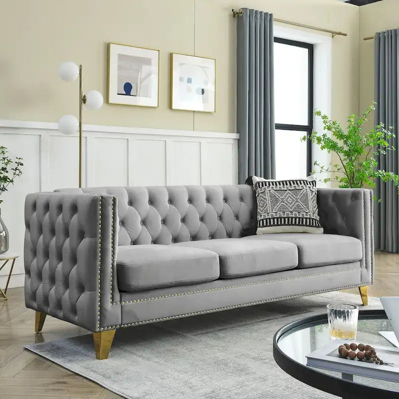 2-Pieces Velvet Upholstered 3 Seat Sofa, Classic Chesterfield Couch Buttons Tufted Square Arm Sofa with Nailheads and Metal Legs-16