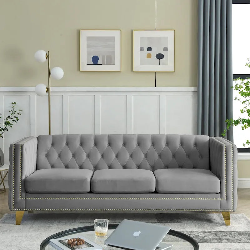 2-Pieces Velvet Upholstered 3 Seat Sofa, Classic Chesterfield Couch Buttons Tufted Square Arm Sofa with Nailheads and Metal Legs-17