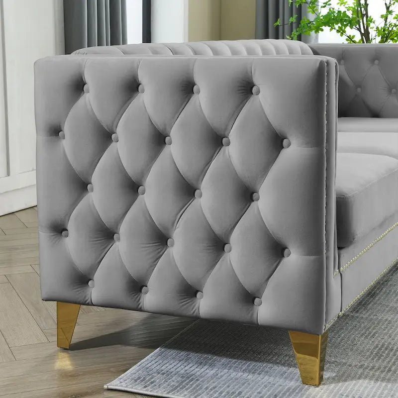 2-Pieces Velvet Upholstered 3 Seat Sofa, Classic Chesterfield Couch Buttons Tufted Square Arm Sofa with Nailheads and Metal Legs-18