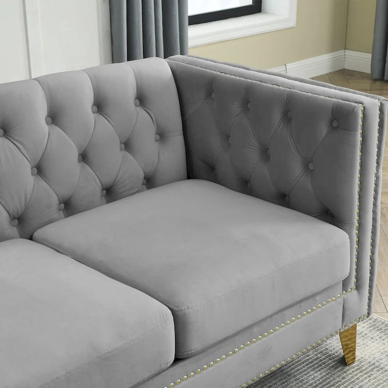 2-Pieces Velvet Upholstered 3 Seat Sofa, Classic Chesterfield Couch Buttons Tufted Square Arm Sofa with Nailheads and Metal Legs-20