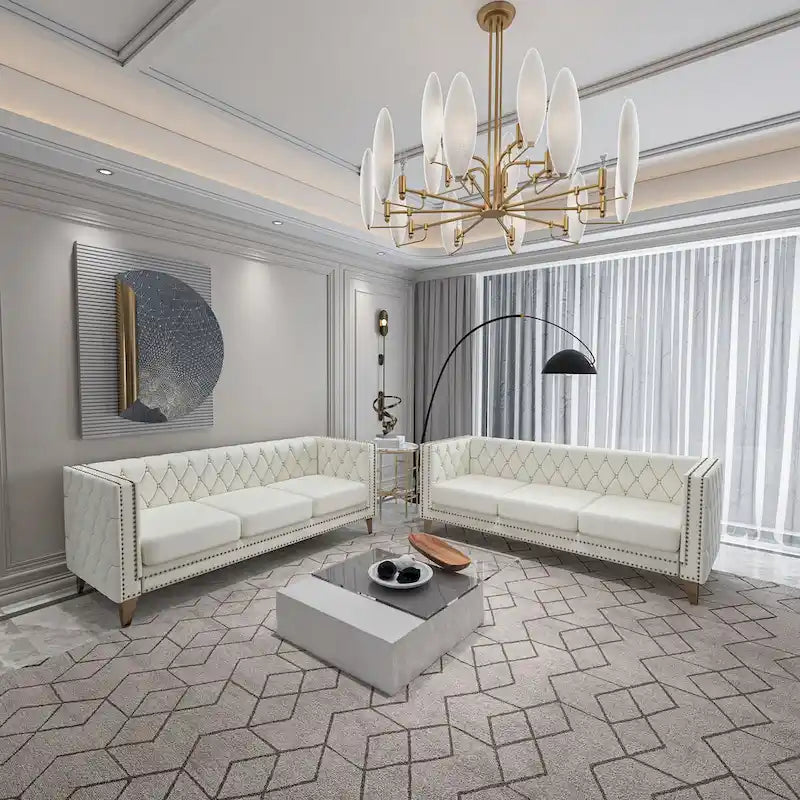 2-Pieces Velvet Upholstered 3 Seat Sofa, Classic Chesterfield Couch Buttons Tufted Square Arm Sofa with Nailheads and Metal Legs-21