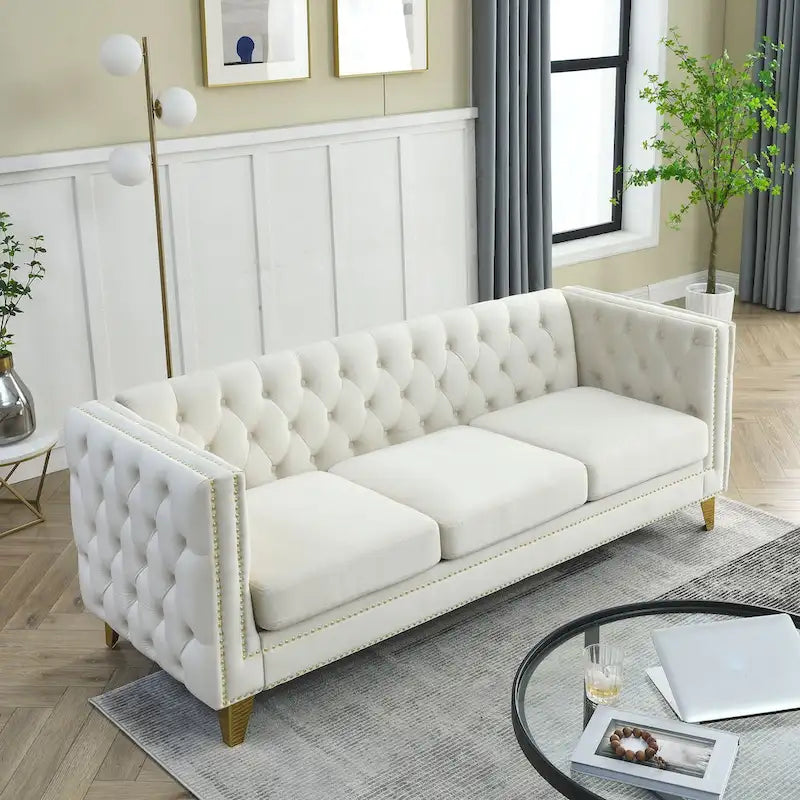 2-Pieces Velvet Upholstered 3 Seat Sofa, Classic Chesterfield Couch Buttons Tufted Square Arm Sofa with Nailheads and Metal Legs-23