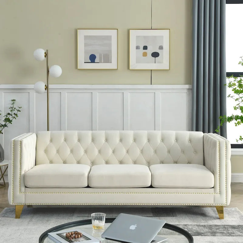 2-Pieces Velvet Upholstered 3 Seat Sofa, Classic Chesterfield Couch Buttons Tufted Square Arm Sofa with Nailheads and Metal Legs-25