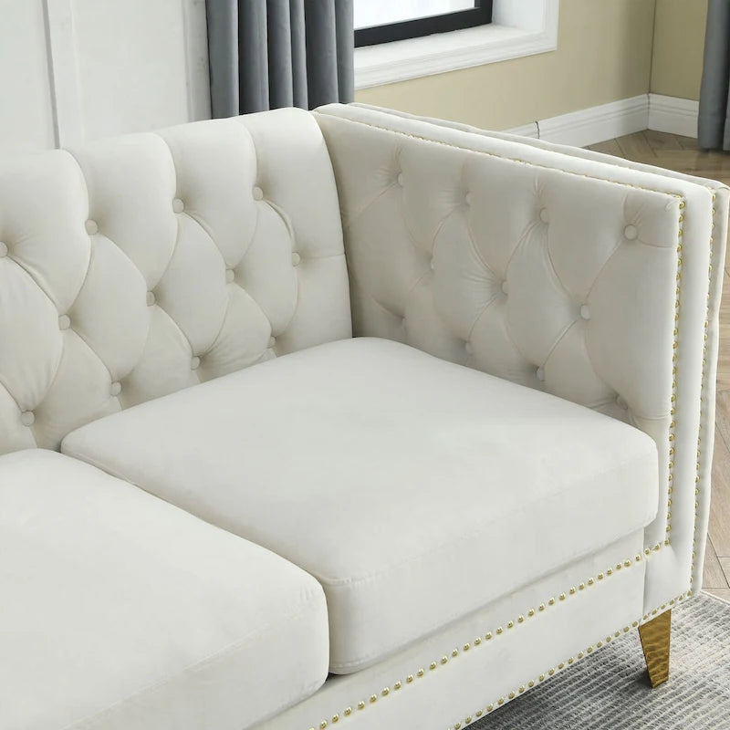 2-Pieces Velvet Upholstered 3 Seat Sofa, Classic Chesterfield Couch Buttons Tufted Square Arm Sofa with Nailheads and Metal Legs-27
