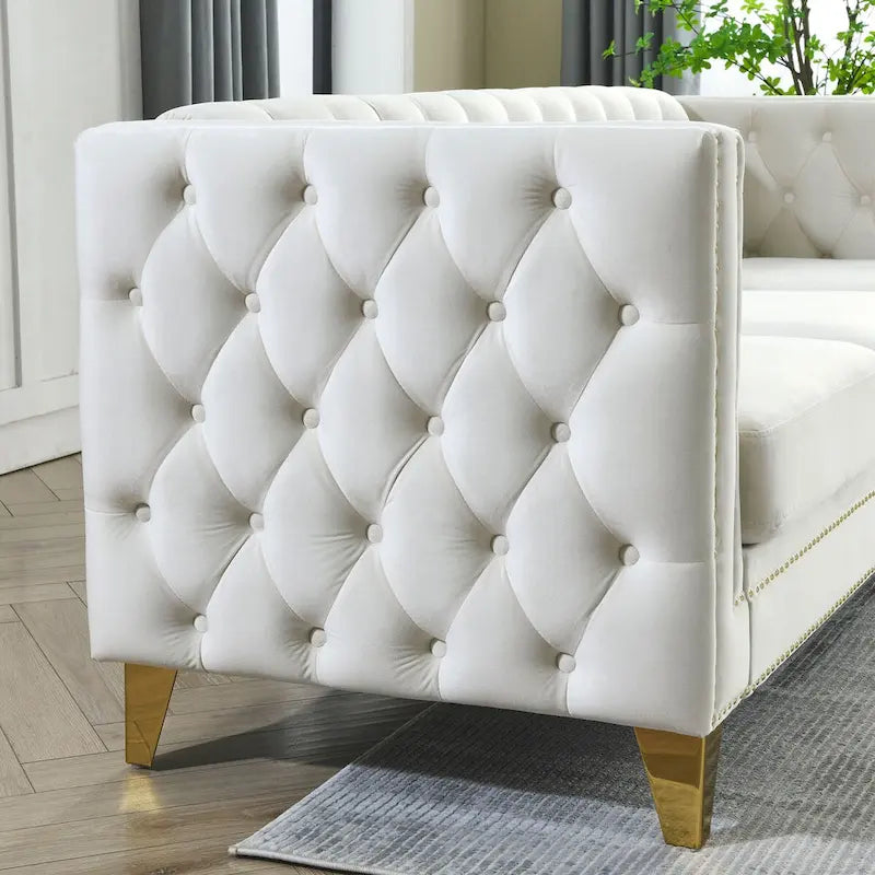 2-Pieces Velvet Upholstered 3 Seat Sofa, Classic Chesterfield Couch Buttons Tufted Square Arm Sofa with Nailheads and Metal Legs-28