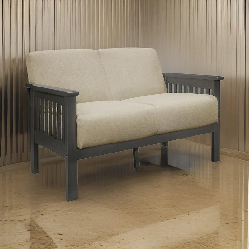 Wiston 50 Inch Loveseat, Beige Polyester, Dark Gray Solid Rubberwood