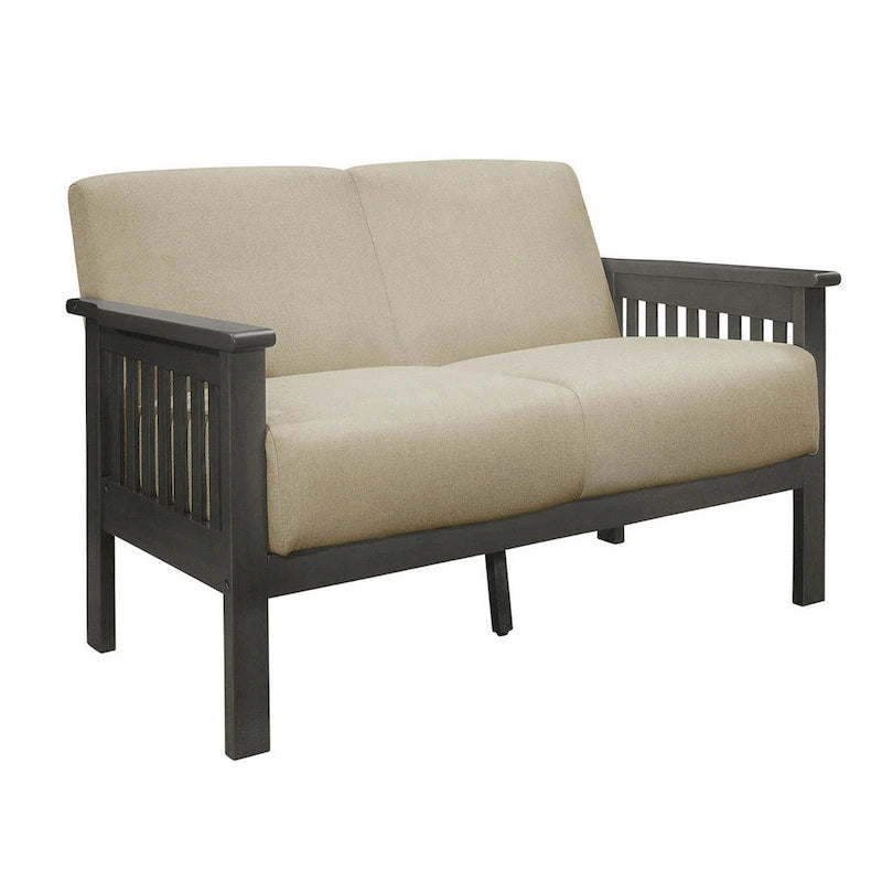 Wiston 50 Inch Loveseat, Beige Polyester, Dark Gray Solid Rubberwood-2