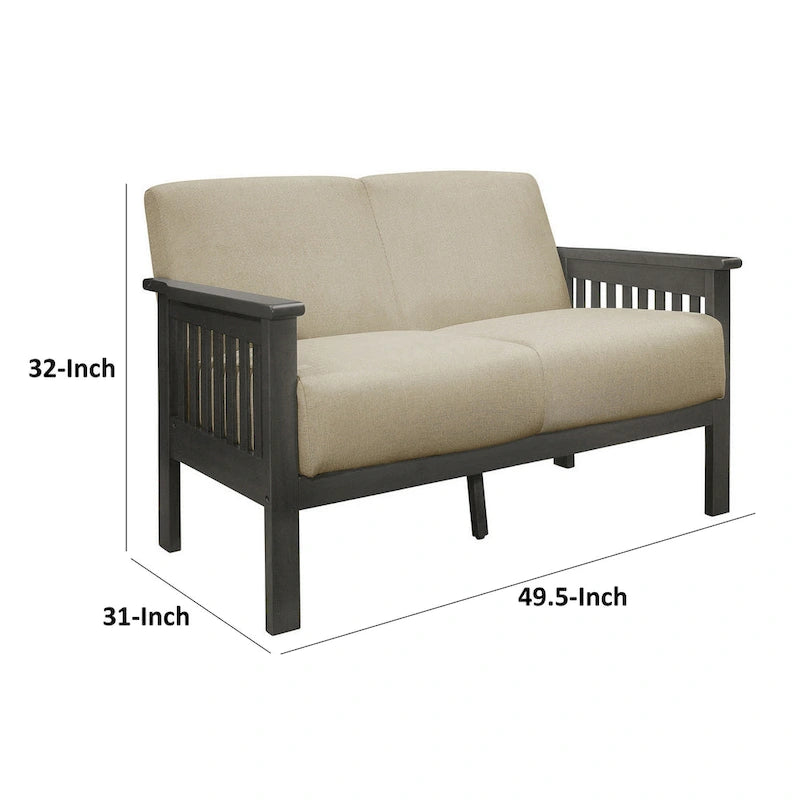 Wiston 50 Inch Loveseat, Beige Polyester, Dark Gray Solid Rubberwood-6