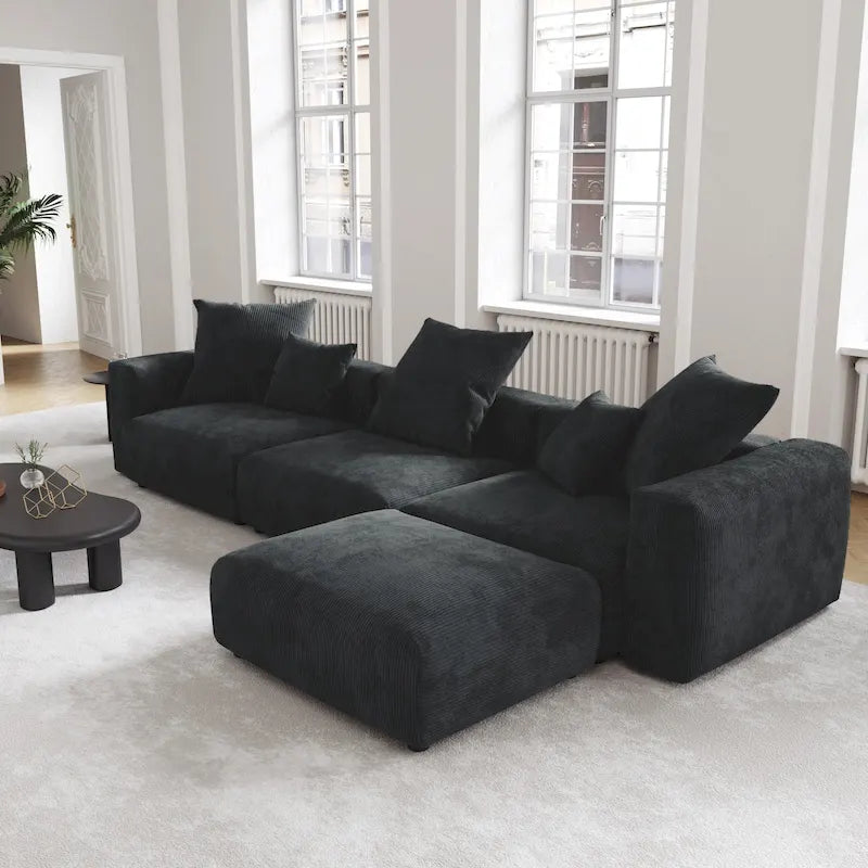 Black Corduroy Sectional Sofa Customized Sofa Couch with pillows.-30