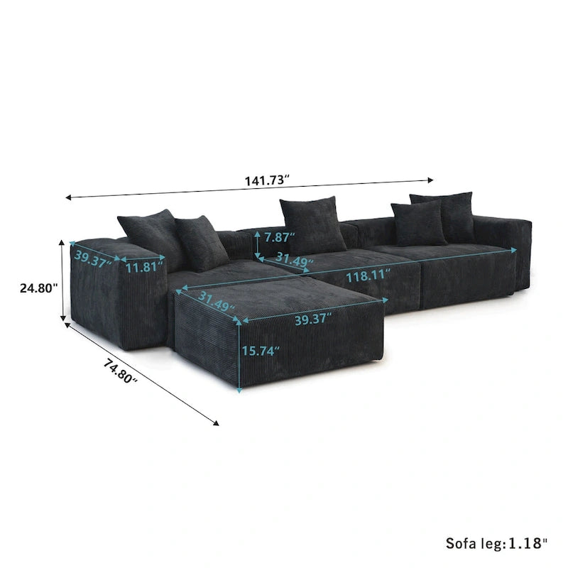 Black Corduroy Sectional Sofa Customized Sofa Couch with pillows.-17