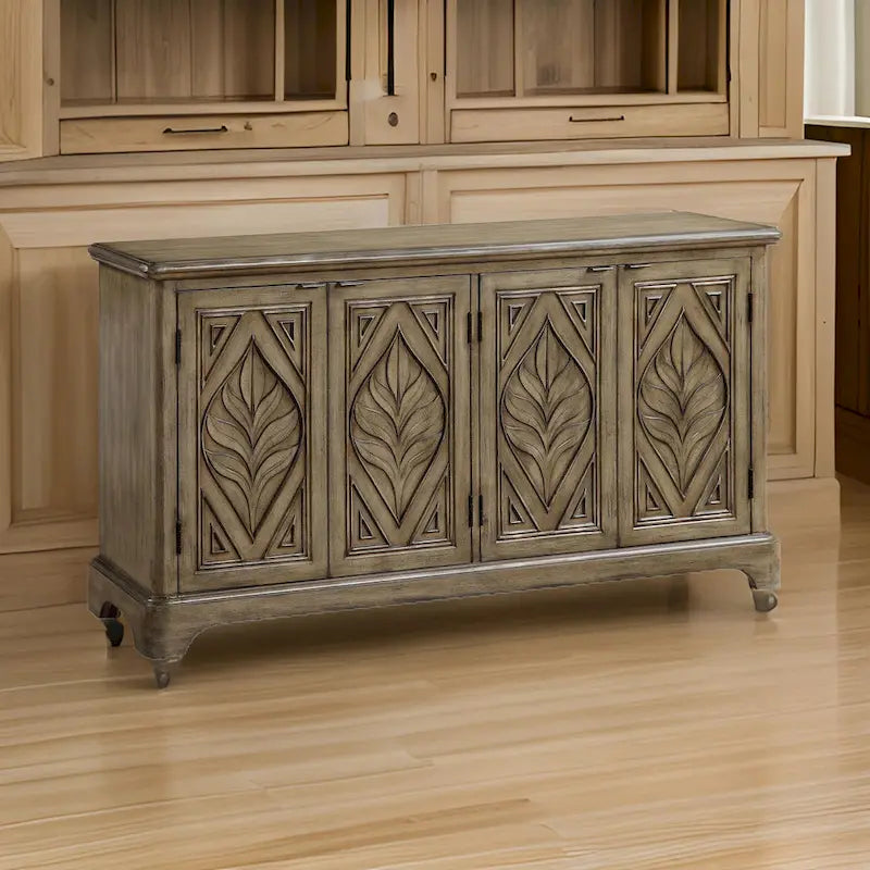 Console Table with Carved Leaf Motif Doors, Brown-6