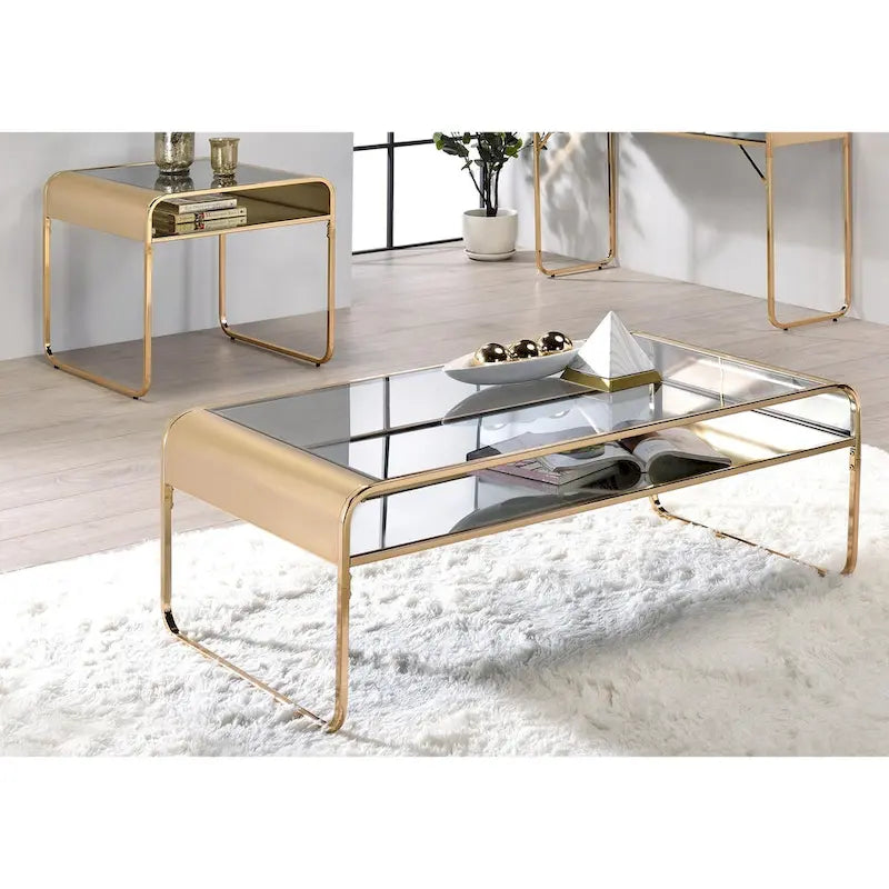 Watler Contemporary Gold 48-inch Glass Top 1-Shelf 2-Piece Coffee Table Set by Furniture of America