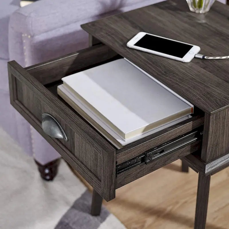 Caffoz Tall Side End Table with Fully Extended Drawer and USB Hub-12