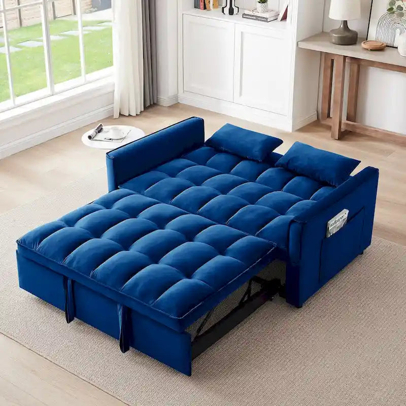 55.1-inch 3-in-1 convertible,modern velvet double sofa Futon sofa bed with adjustable back, storage bag and pillow-3