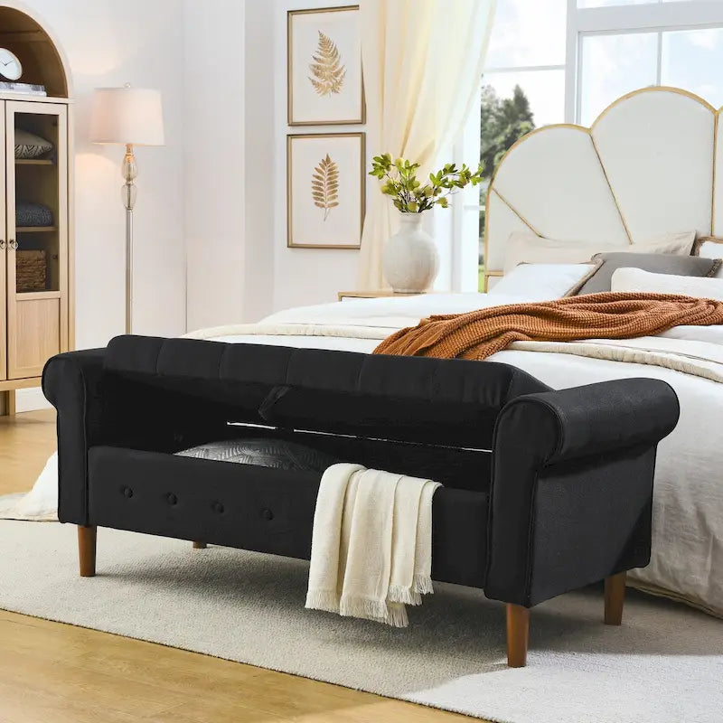 62 Bedroom Tufted Button Storage Bench, Window Bench, Rolled Arm Design for Bedroom, Living Room-34