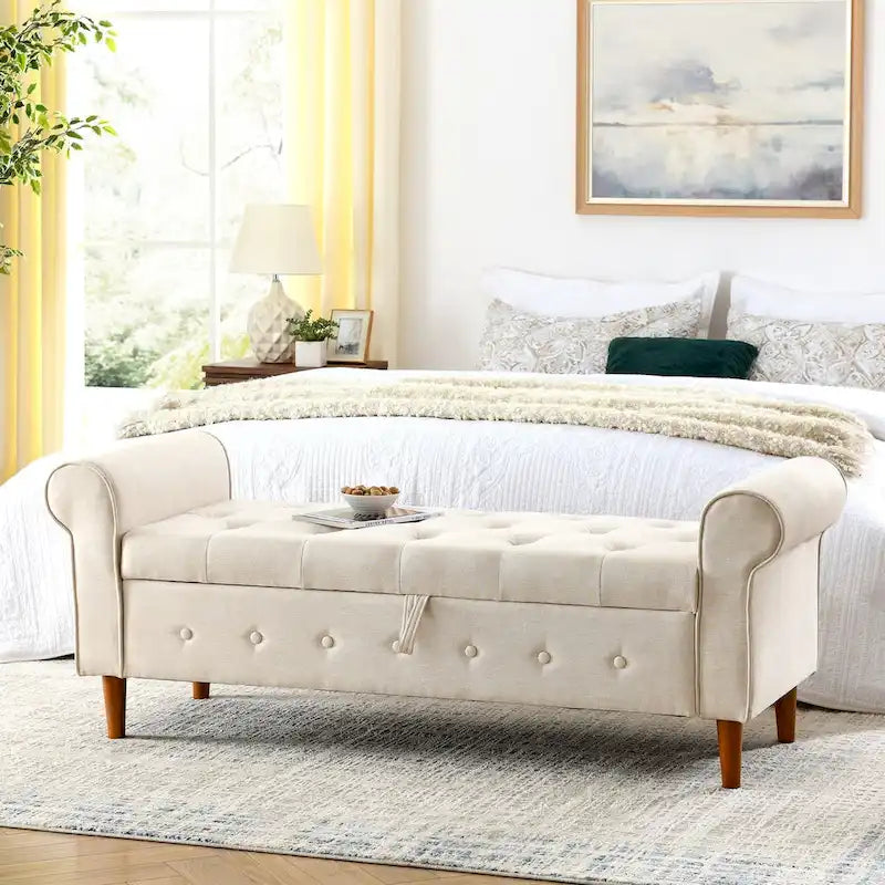 62 Bedroom Tufted Button Storage Bench, Window Bench, Rolled Arm Design for Bedroom, Living Room