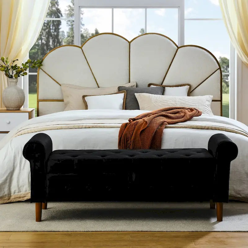 62 Bedroom Tufted Button Storage Bench, Window Bench, Rolled Arm Design for Bedroom, Living Room-5