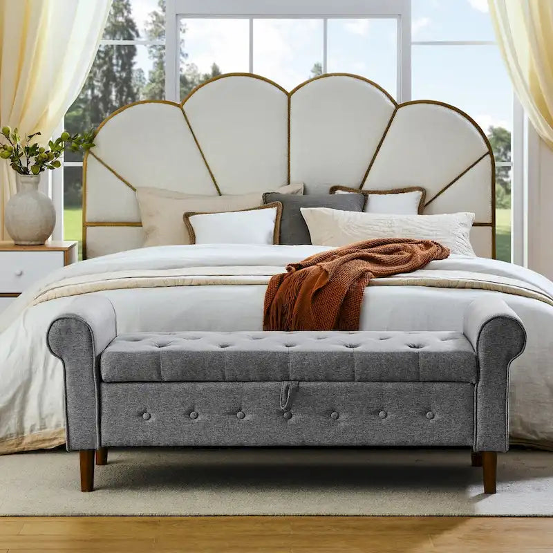 62 Bedroom Tufted Button Storage Bench, Window Bench, Rolled Arm Design for Bedroom, Living Room-8