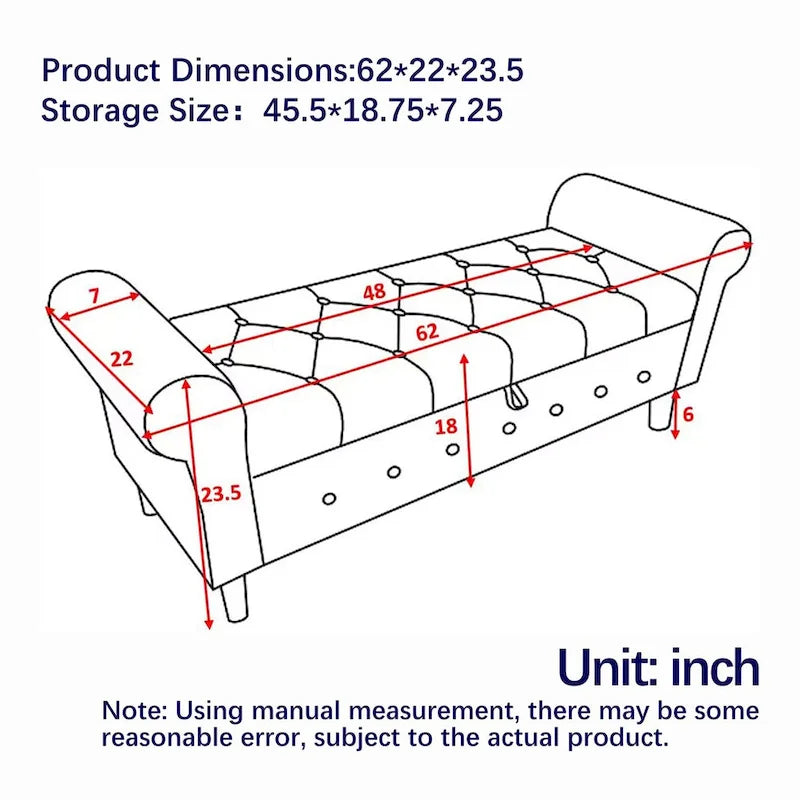 62 Bedroom Tufted Button Storage Bench, Window Bench, Rolled Arm Design for Bedroom, Living Room-19