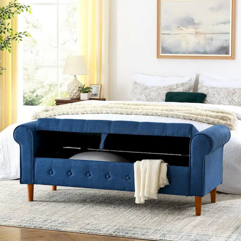 62 Bedroom Tufted Button Storage Bench, Window Bench, Rolled Arm Design for Bedroom, Living Room-20