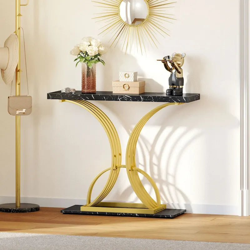 Moasis 39 Modern Faux Marble Console Table with Gold Base, Entryway Sofa Table for Living Room-14