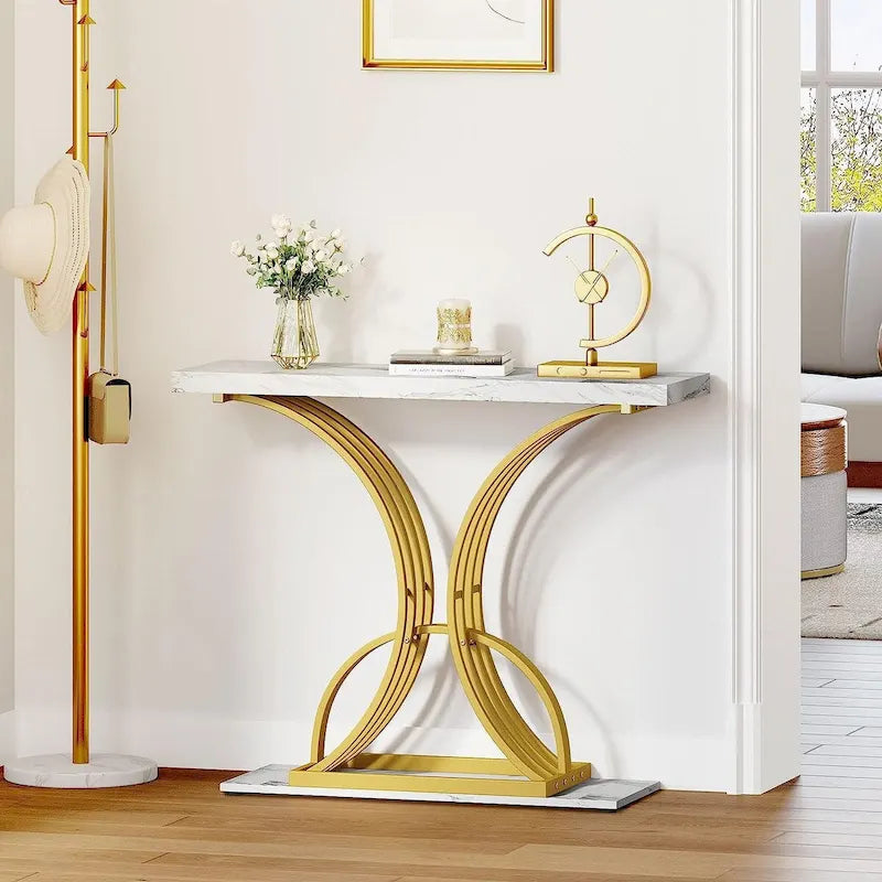 Moasis 39 Modern Faux Marble Console Table with Gold Base, Entryway Sofa Table for Living Room-15