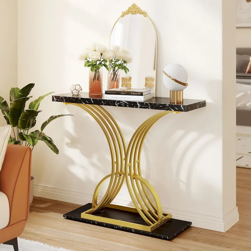 Moasis 39 Modern Faux Marble Console Table with Gold Base, Entryway Sofa Table for Living Room