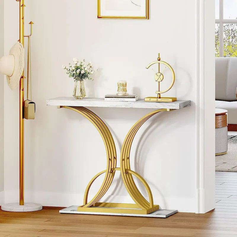 Moasis 39 Modern Faux Marble Console Table with Gold Base, Entryway Sofa Table for Living Room-8