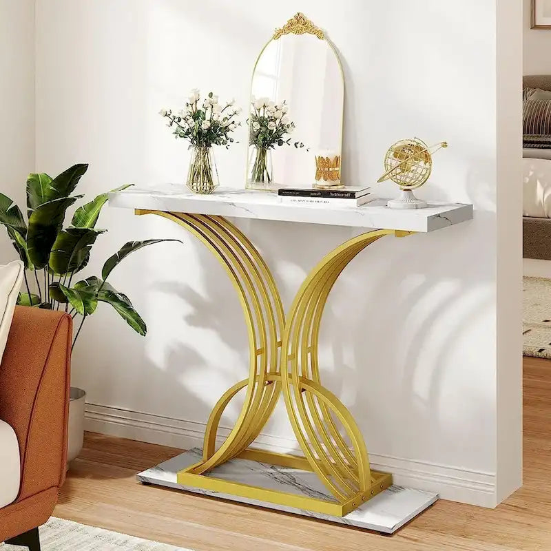 Moasis 39 Modern Faux Marble Console Table with Gold Base, Entryway Sofa Table for Living Room-9