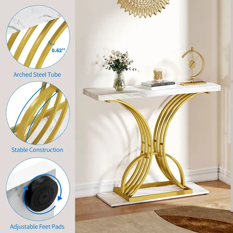 Moasis 39 Modern Faux Marble Console Table with Gold Base, Entryway Sofa Table for Living Room-10