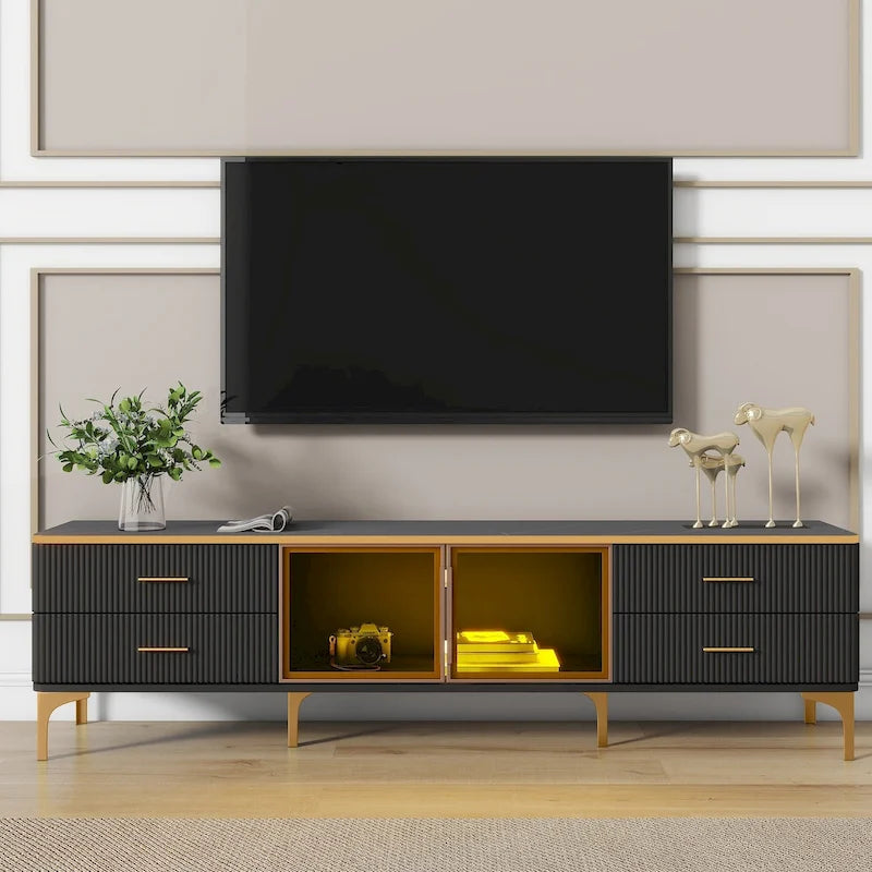 Media Console Table with Glass Storage Cabinet,Golden Legs & Handles-32