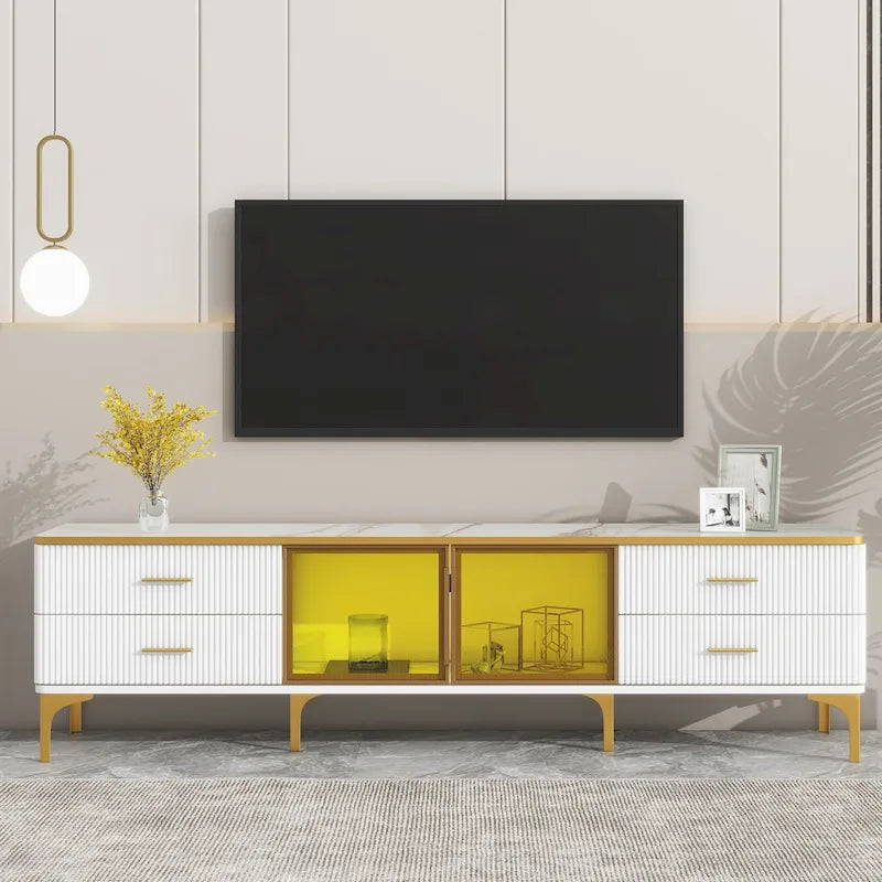 Media Console Table with Glass Storage Cabinet,Golden Legs & Handles-33