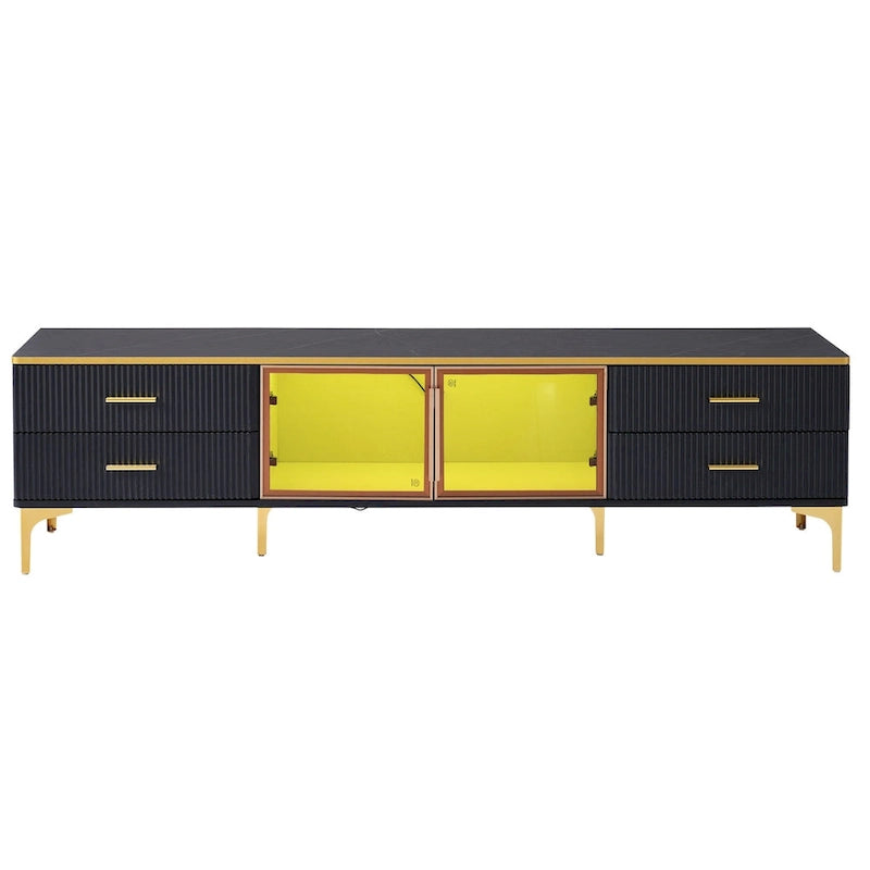 Media Console Table with Glass Storage Cabinet,Golden Legs & Handles-2
