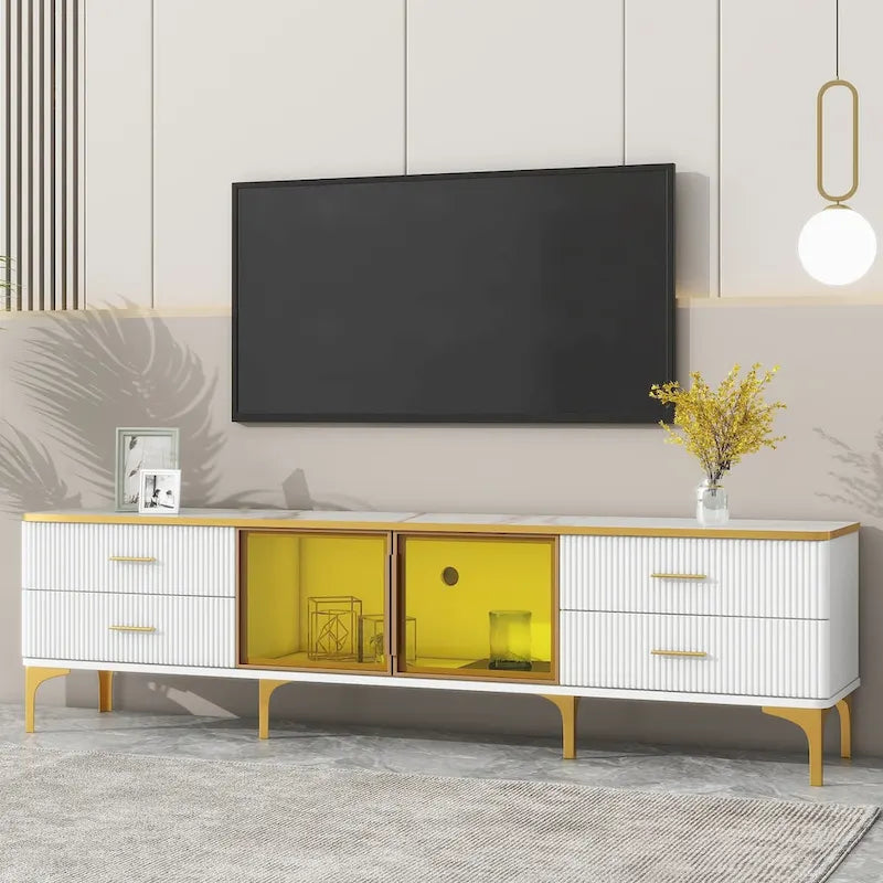 Media Console Table with Glass Storage Cabinet,Golden Legs & Handles-3